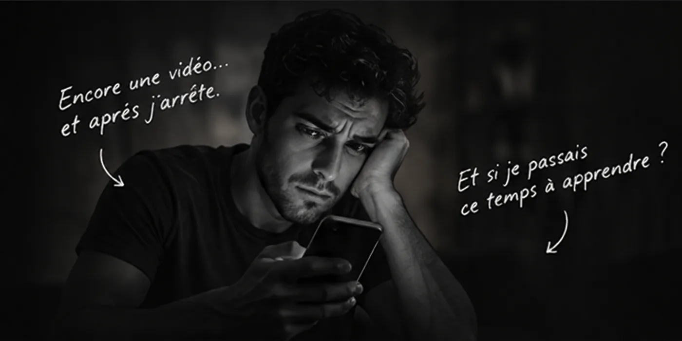 Jeune homme fatigué qui fait défiler son téléphone le soir, avec les notes manuscrites « Encore une vidéo… et après j’arrête » et « Et si je passais ce temps à apprendre ? »